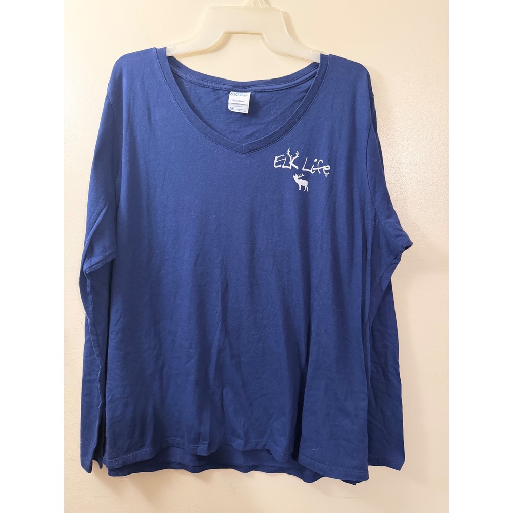 Port & Company Elk Life Graphic V-Neck Long Sleeve Tee Navy Blue XXL Ladies
